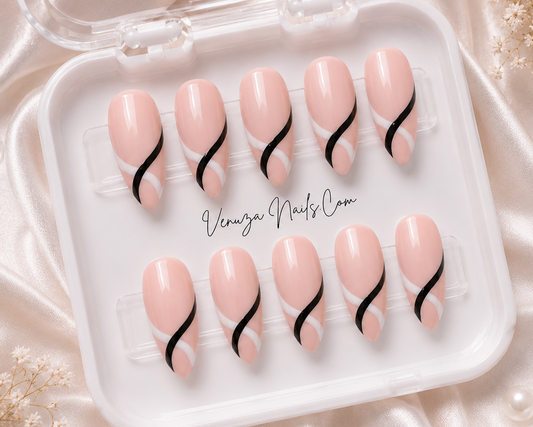 Rexa - Press On Nails - Nude Ruban Noir et Blanc