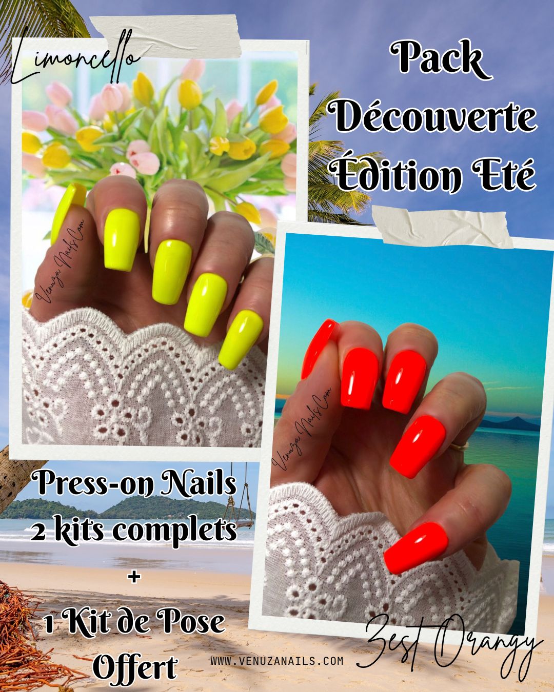 press-on-nails-pack-decouverte-ete-summer-venuza-nails- deux  kits de couleur unie jaune fluo et orange fluo