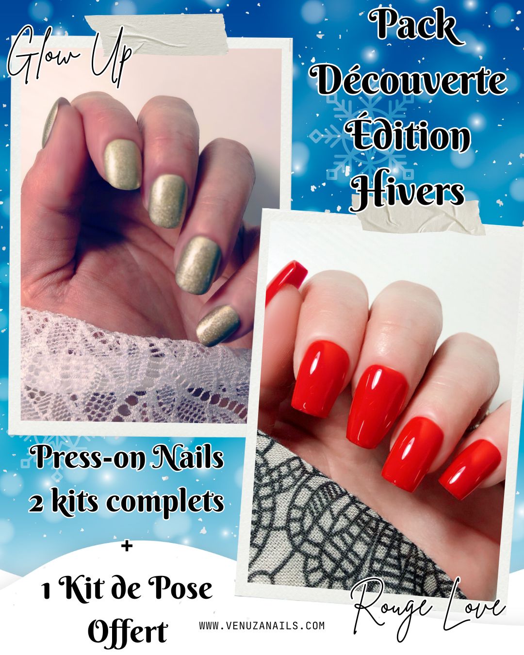 press-on nails, pack décoiuverte avec deux kits completes, dont un rouge intense et un gold chromé, edition hivers