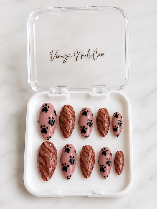 Chipie – Faux Ongles Nude Marbré Marron Or - Pattes de Chat