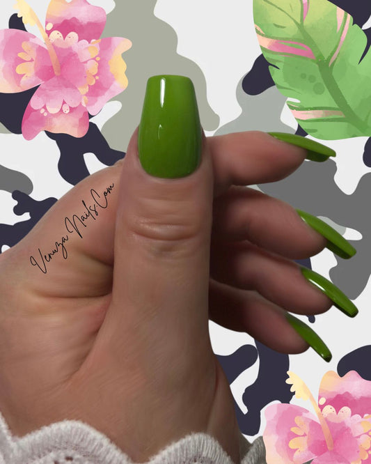 press-on nails vert kaki, couleur unie, fini glossy