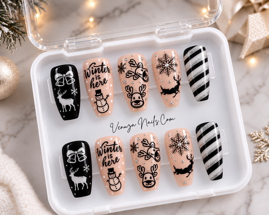 Winter - Faux Ongles Noel - Nude Noir et Rayures Argentées