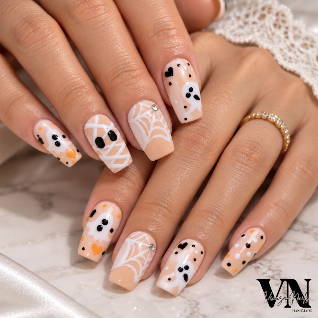 Ongles américains Halloween Little Ghost nude avec nail art fantôme