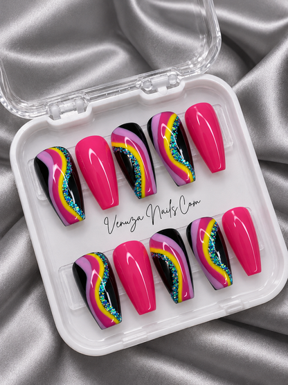 Rainbow - Press On Nails - Rose et Noir - Arc en Ciel