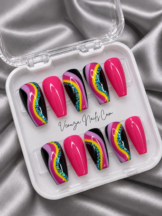 Rainbow - Press On Nails - Rose et Noir - Arc en Ciel